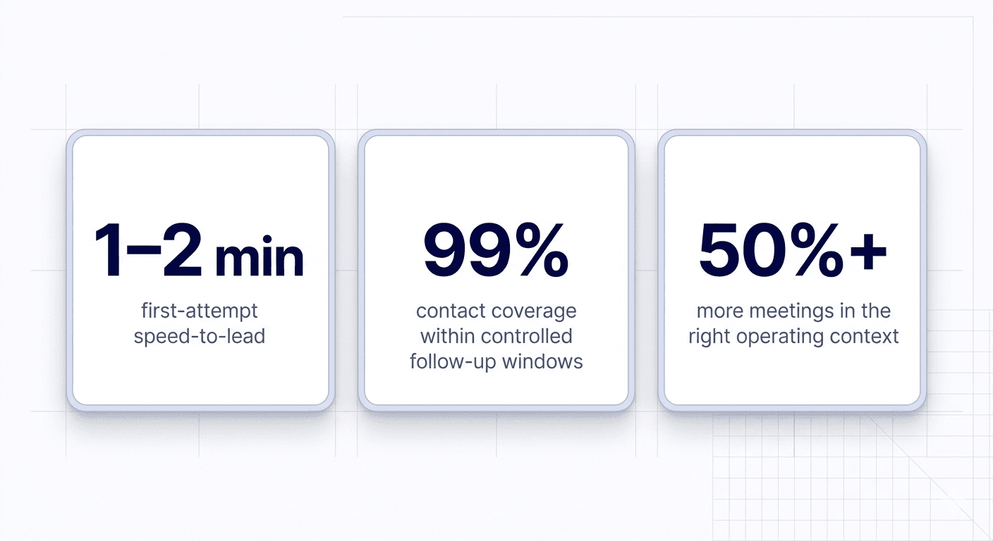 Key performance benchmarks for speed-to-lead, lead coverage, and meetings booked.